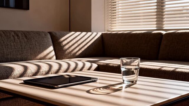 Sunlit living room with brown sofa and glass of water on table