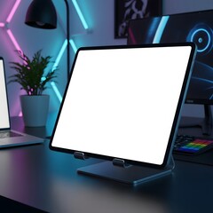 Fototapeta premium Blank Tablet Screen on Desk in Modern Gaming Room with Neon Lights.