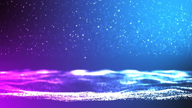 Particles abstract background with shining stars dust bokeh glitter awards dust. Futuristic glittering fly movement flickering loop in space on colorful background