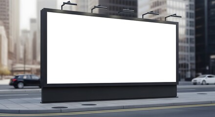 Fototapeta premium Blank urban billboard mockup on city street with modern buildings and cars.