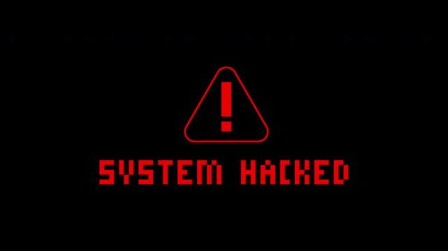 Hacking glitch symbol and system hacked text. Suitable for cybersecurity articles, websites, social media posts, and presentations on data breaches.