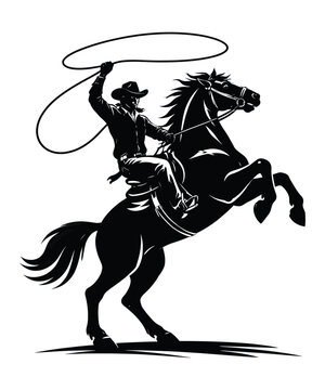 Cowboy Riding Rearing Horse Black and White Silhouette Vector Illustration