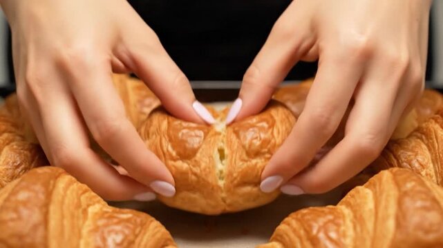 Close-up of golden croissants baking in a hot oven, then being taken out and broken open to reveal their fluffy interior, perfect for breakfast or a snack.