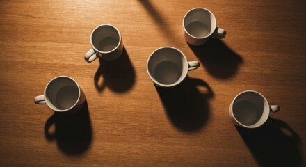 Five empty white mugs sit on a warm wooden table, light from above
