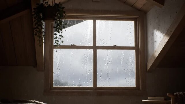 Cozy Attic Room with Window on a Rainy Day.