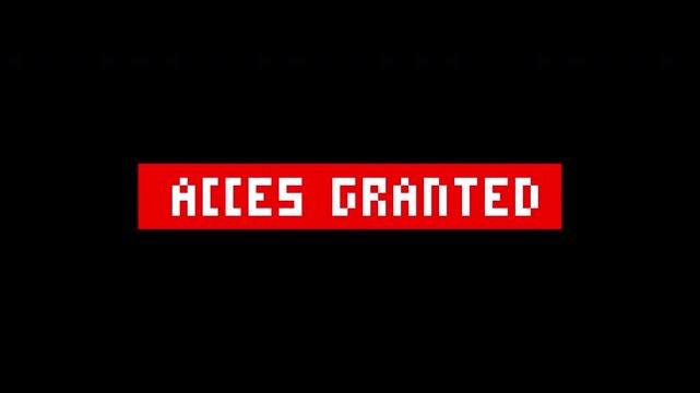 Hacking glitch sccess granted message in white pixel font on red box, suitable for web security concepts and digital authentication designs.