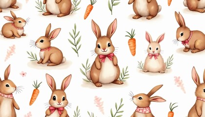 Obraz premium Watercolor seamless pattern with cute bunnies and carrots. Soft pastel colors evoke spring and Easter holidays. Adorable animals and nature elements for kids design and fabric.