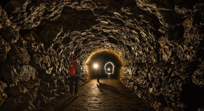 A person in a red jacket walks through a dimly lit stone tunnel with another tunnel visible in the distance