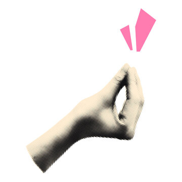 Halftone hand emoji gesture with pinched fingers and pink accent marks. Italian Bellissimo or Ma Che Vuoi hand sign. Cut out sticker for collage and scrapbook Modern retro vector illustration isolated