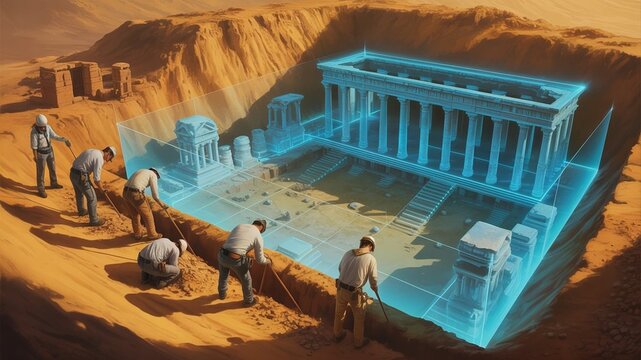 AI Archaeology Hologram Revealing Ancient Temple Ruins Underground