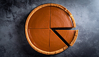 Caramel Tart with Missing Slice on Dark Surface