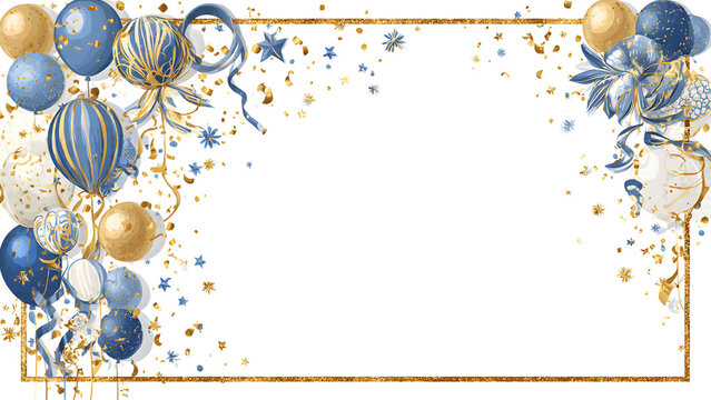Elegant festive border with blue and gold balloons and confetti