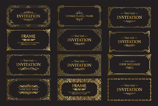 Design gold elements set, decorative flourish border corner and frame collection for invitation, menu and page decoration