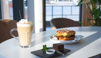 Morning delights Coffee, Burger, and Dessert at a Cafe