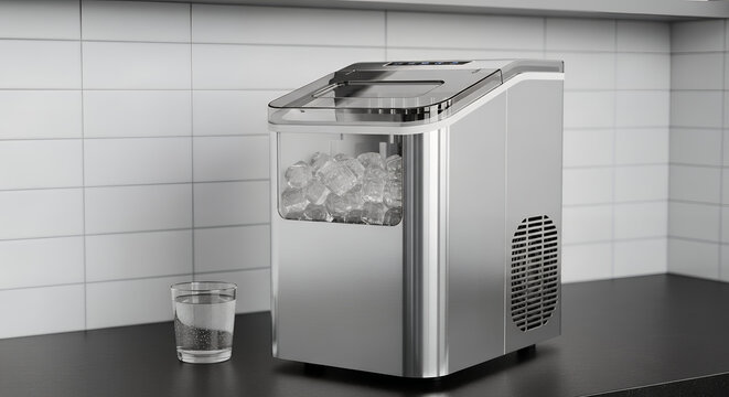 Modern portable ice maker machine on kitchen counter with glass of water