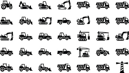 Heavy machinery and construction vehicle icon set with tractors, excavators, dump trucks, and cranes, black flat vector illustration on white background. © Mojahid