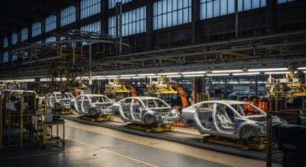 Fototapeta premium Car manufacturing process in modern automotive factory with robotic assembly line