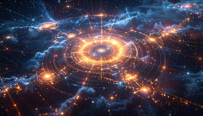 Obraz premium A vibrant digital artwork depicting a glowing orange circle surrounded by blue clouds and lines