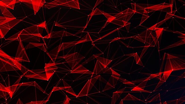 Abstract plexus of moving glowing dots and lines. Network or digital connection. Technology background. 3d rendering. Red geometric 