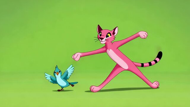 Animated pink panther stalking a bluebird against a vibrant green background perfect for childrens content and educational material