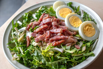 Dandelion salad with hard boiled eggs and bacon, diuretic, vitamin, healthy food