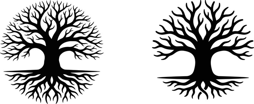 Black and white vector icon set showing two different styles of virtual reality headsets and tools