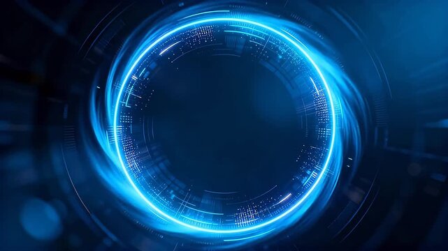 Glowing blue circular portal with bright lines and digital particles in dark space