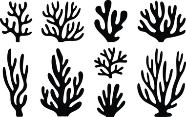 Set of coral reef silhouettes underwater sea plant icons cad drawing flat vector illustration marine life nature elements © Nure Afrin