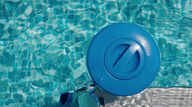 Floating chlorine dispenser in clear swimming pool water with sunlight reflections