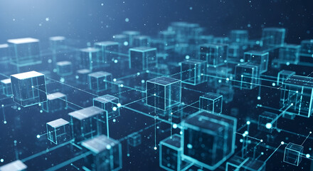 Futuristic Digital Network: Illuminated Cube Cityscape with Glowing Connections

