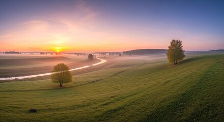 Fototapeta premium Peaceful sunrise over a misty valley with a winding river and rolling green hills.