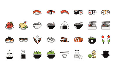 Japanese Food Icon Set – Sushi, Ramen and Traditional Asian Cuisine Vectors © Mahmudul