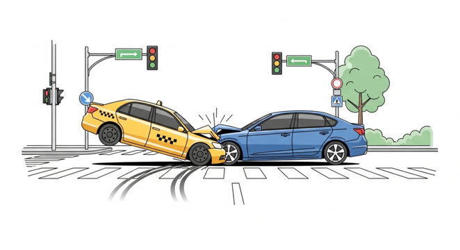 Car Accident at Traffic Light Intersection.