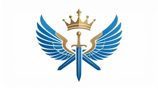 Elegant vector logo featuring a royal crown, crossed sword, and symmetrical wings in a majestic emblem