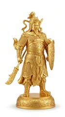 Traditional Chinese Warrior Sculpture , solid gold, smooth rounded polished surface, fine engraved patterns, isolated on white background, minimal shadow

