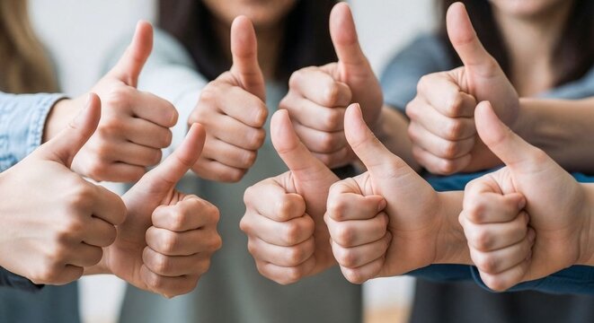 Group of people showing thumbs up gestures with enthusiasm and support for equal rights message. Hands raised together symbolize unity and positivity promoting equal rights for all.