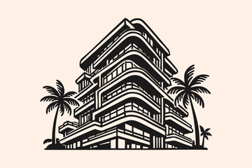 Art Deco Style Building Palm Trees Retro Illustration © Quivr
