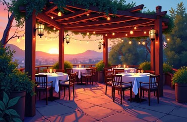 Fototapeta premium Outdoor restaurant terrace with pergola tables and chairs offers city view at sunset. Romantic dining ambiance with string lights glow, creating peaceful mood for date night.