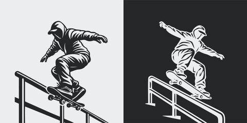 Dynamic Skateboarder Grinding Rail Street Sport Illustration Vector © Quivr