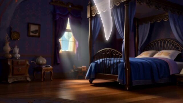 Cartoon bedroom interior with four poster bed and ghostly figure floating above fantasy animated setting