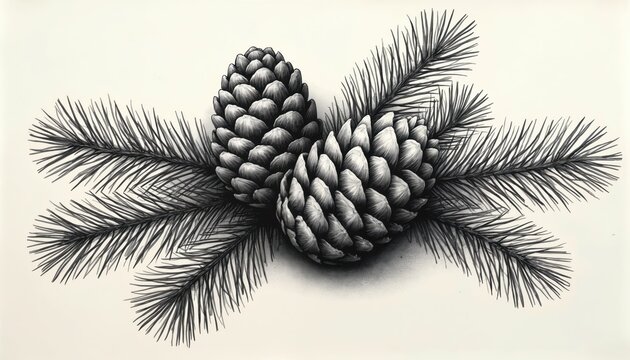 Detailed black and white sketch of pine cones and needles. Realistic botanical illustration shows conifer branches with mature pine cones detailed texture. Natural element for design.