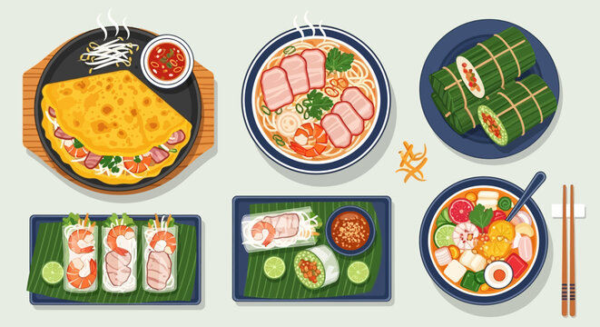 A vibrant and appetizing collection of Vietnamese dishes displayed in a top-down view, showcasing a culinary journey