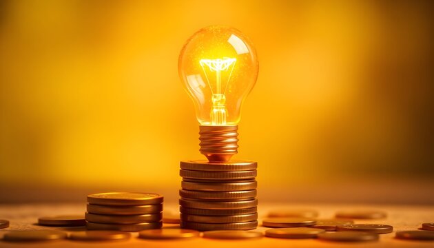 A glowing lightbulb atop a stack of coins, surrounded by scattered currency, symbolizing innovative financial ideas