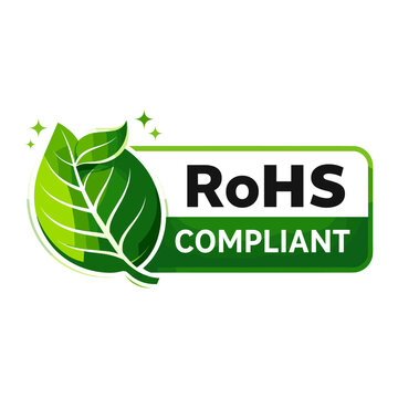RoHS compliant eco label with green leaf, environmental certification badge logo flat vector design