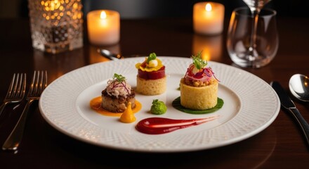 Elegant plate of three gourmet appetizers, candles, fine dining setup