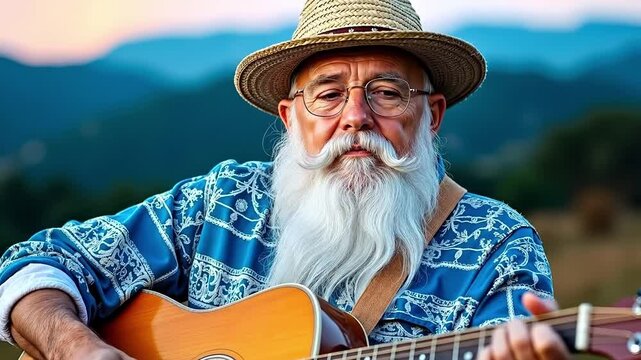 A man with a long white beard playing an acoustic guitar