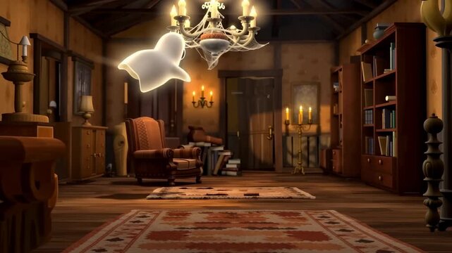 Cartoon ghost haunting an antique room animation spooky background halloween theme animated chandelier and old furniture