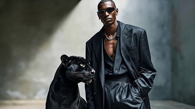 A man in a suit and sunglasses standing next to a black panther