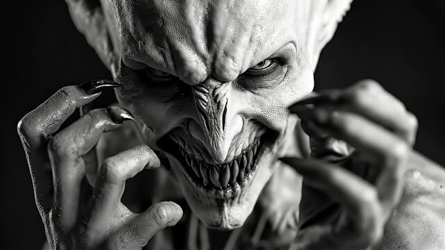 A black and white photo of a demonic creature with fangs and fangs
