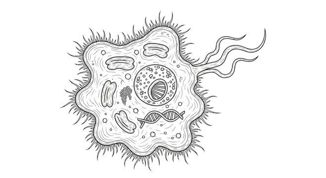 Amoeba Cell Structure: Nucleus, DNA, and Pseudopods - Scientific Illustration